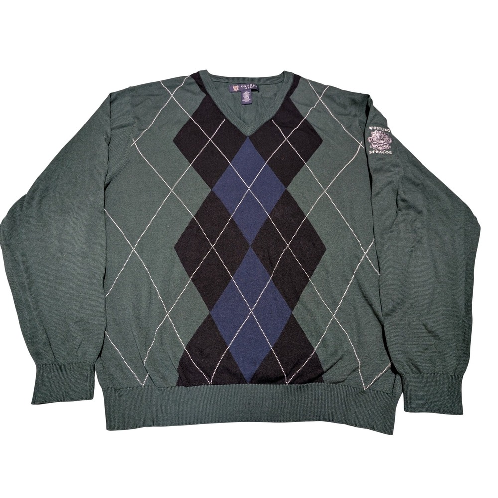 Oxford Golf Whistling Straits Mens Large Green Argyle V-Neck Cotton Sweater‎